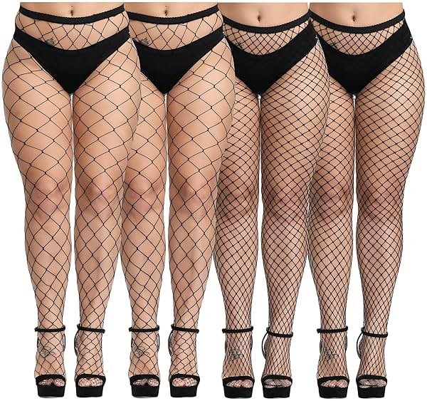 Aneco 4 Pairs Plus Size Fishnets Tights Sexy Black Fishnet Pantyhose Stockings Cross Mesh Tights Thigh High Stockings - Product Image