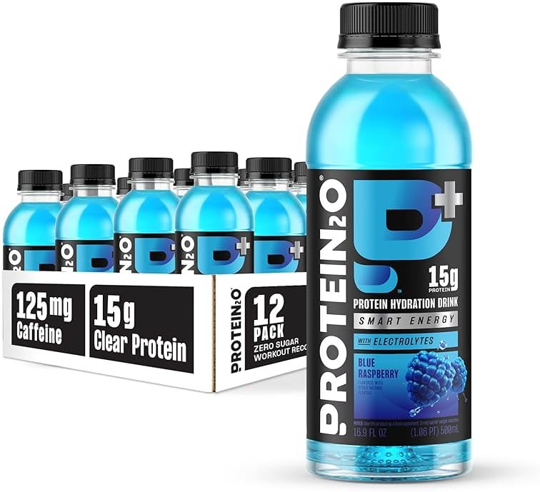 Protein2o 15g Whey Protein Isolate Hydration Drink Plus Energy & Focus, 350mg of Electrolytes, 125mg of Caffeine, Sugar Free, Blue Raspberry, 16.9 oz Bottle (Pack of 12) - Product Image