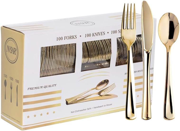 N9R 300PCS Gold Plastic Silverware, Heavy Duty Gold Plastic Cutlery Set Disposable Flatware Dinnerware, 100 Forks, 100 Spoons, 100 Knives, Perfect for Party, Wedding and Daily Use - Product Image