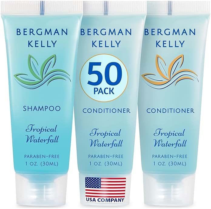 Bergman Kelly - Travel Shampoo and Conditioner Set - 1 fl oz, 100 Pieces, Tropical Waterfall - Delight Your Guests with Invigorating and Refreshing Hotel Toiletries and Guest Hospitality in Bulk - Product Image