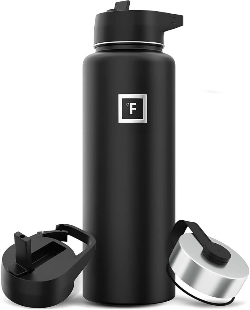 IRON °FLASK Camping & Hiking Hydration Flask with Straw, Wide Mouth Insulated Stainless Steel Sports Water Bottle - 40 oz Midnight Black - Product Image