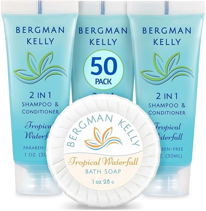 BERGMAN KELLY Round Soap Bars, 2in1 Shampoo & Conditioner 2-Piece Set (Tropical Waterfall, 1 oz each, 100 pc), Delight Your Guests with Revitalizing & Refreshing Sanitary Toiletries & Hotel Amenities - Product Image