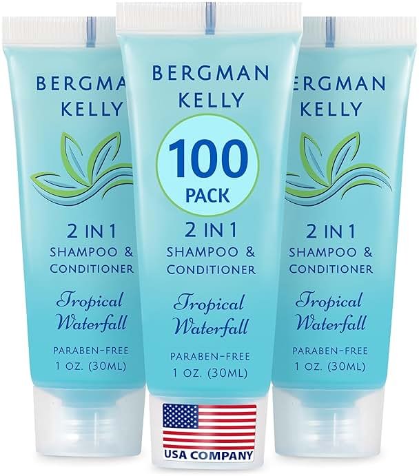 Bergman Kelly - Travel Size 2 in 1 Shampoo & Conditioner - 1 fl oz, 100 PK, Tropical Waterfall - Delight Your Guests w/Invigorating & Refreshing Shampoo Amenities - Small Hotel Toiletries in Bulk - Product Image