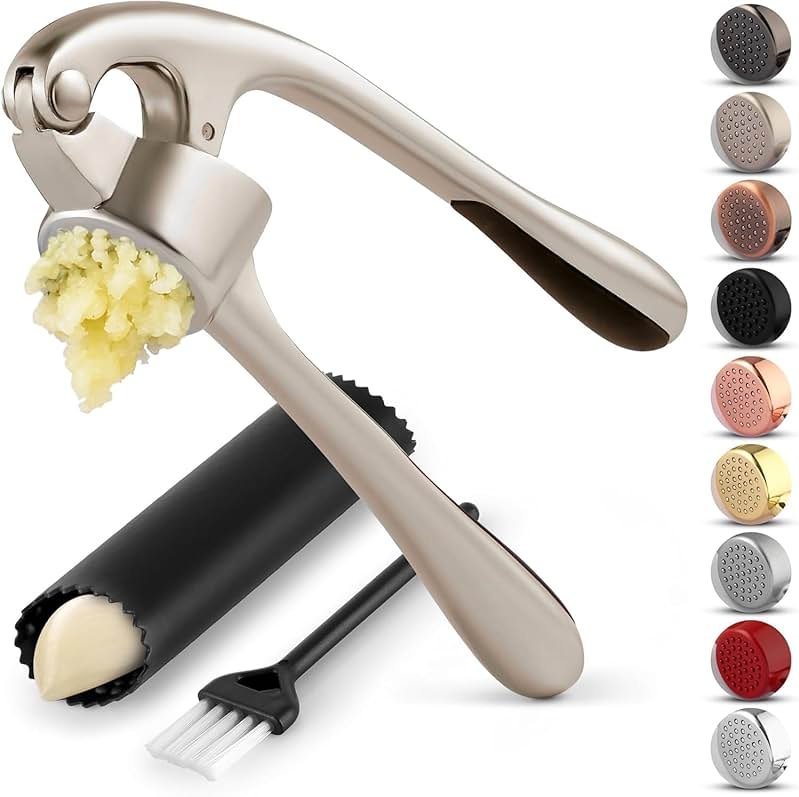 Zulay Kitchen Premium Garlic Press Set - Rust Proof Professional Garlic Mincer Tool - Easy-Squeeze, Easy-Clean with Soft, Ergonomic Handle - Silicone Garlic Peeler & Brush (Silver) - Product Image