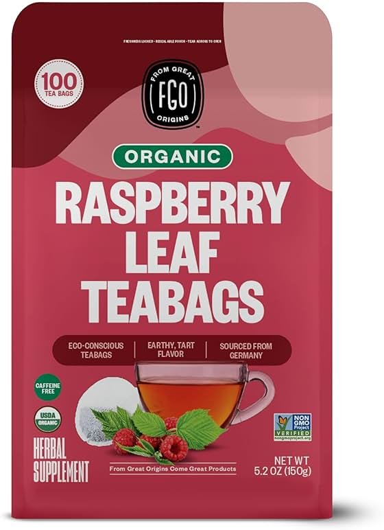 FGO Organic Red Raspberry Leaf Tea Bags, 100 Eco-Conscious Tea Bags, Caffeine Free, Imported from Germany, Reseable Bag, Packaging May Vary (Pack of 1) - Product Image