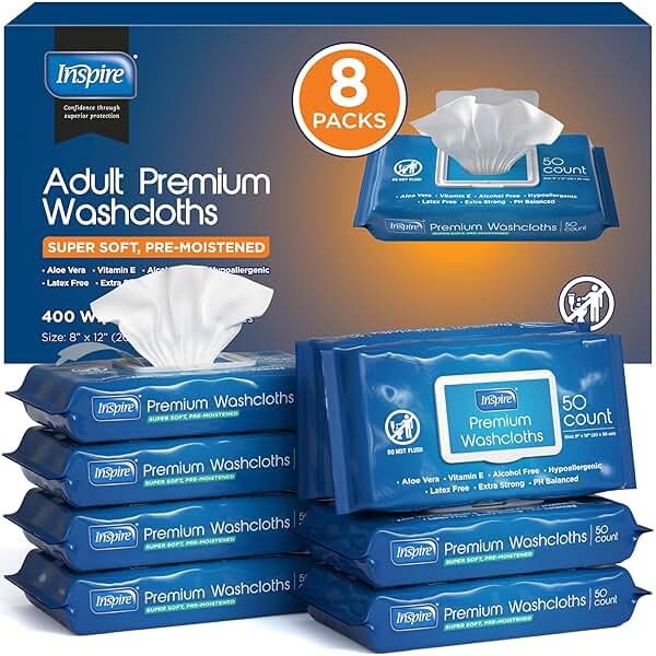 Inspire Adult Wet Wipes, Wash Cloths, Incontinence & Cleansing for Elderly Extra Large, 8"x12" (Pack of 8) - Product Image