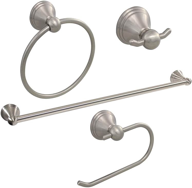 Formosa Design Hardware Classic 4-Piece Bathroom Accessories Set, 24-inch Towel Bar, Toilet Paper Holder, Towel Ring, and Robe Hook, Durable Zinc Alloy & Stainless Steel, (Brushed Nickel Finish) - Product Image