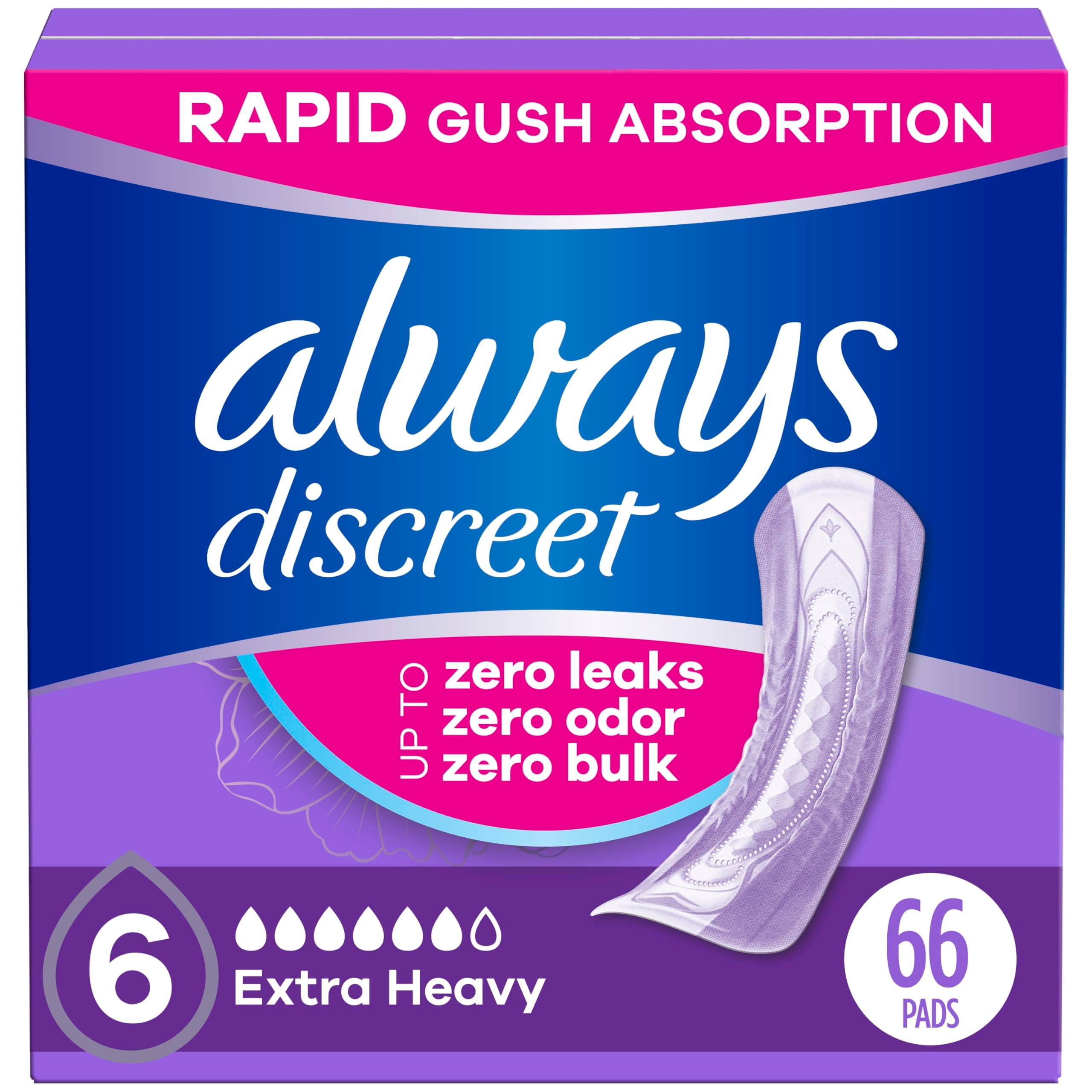 Always Discreet Adult Incontinence Pads for Women, Drier, 6 Drop Regular Length, Extra Heavy Absorbency, Pads for Bladder Control Management, Bladder Leaks, & Postpartum Pads, 66ct - Product Image
