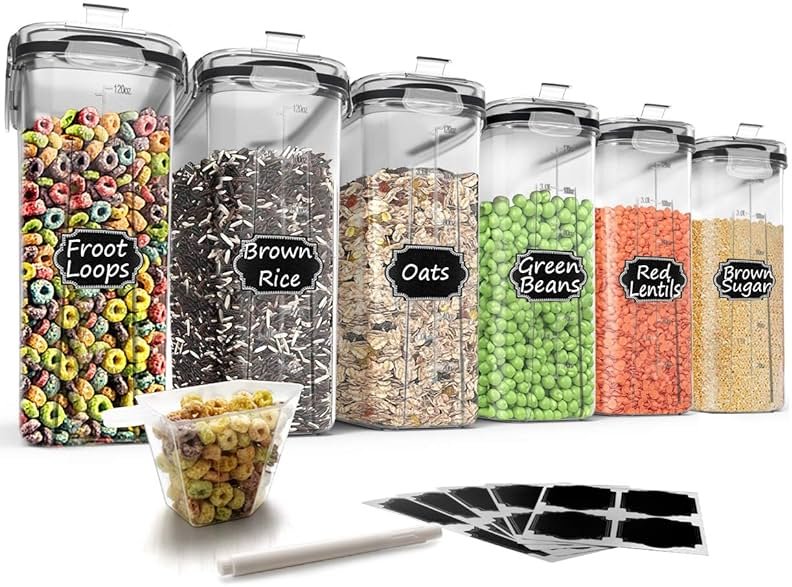 Wildone Cereal Storage Containers Set, Large BPA Free Plastic Airtight Food Storage Containers 4L for Flour, Sugar, 6 Piece Set Cereal Dispensers with 20 Labels & Marker, Black - Product Image