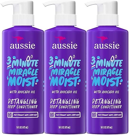 Aussie 3 Minute Miracle Moist Deep Conditioner for Dry Hair, Avocado & Jojoba Oil, Safe for Color Treated Hair, Nourishing Hydration, Silky Shine, Paraben-Free, 16 Fl Oz Each, Triple Pack - Product Image