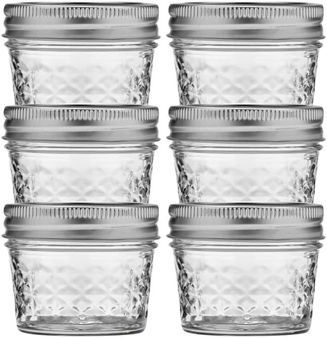 Ball Wide Mouth Quilted Crystal Jelly Jars with Lids and Bands, Used for Canning, Pickling, Juice, Jam, Jelly, Quarter Pint Size (4 Ounce (Pack of 6)) - Product Image