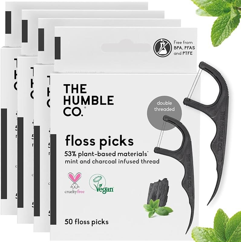 The Humble Co. Floss Picks (200 Count) – Plant Based Dental Floss Picks for Superior Oral Care, Dental Hygiene, and Gum Health, Cruelty Free Tooth Floss Picks (Charcoal, Double Thread) - Product Image