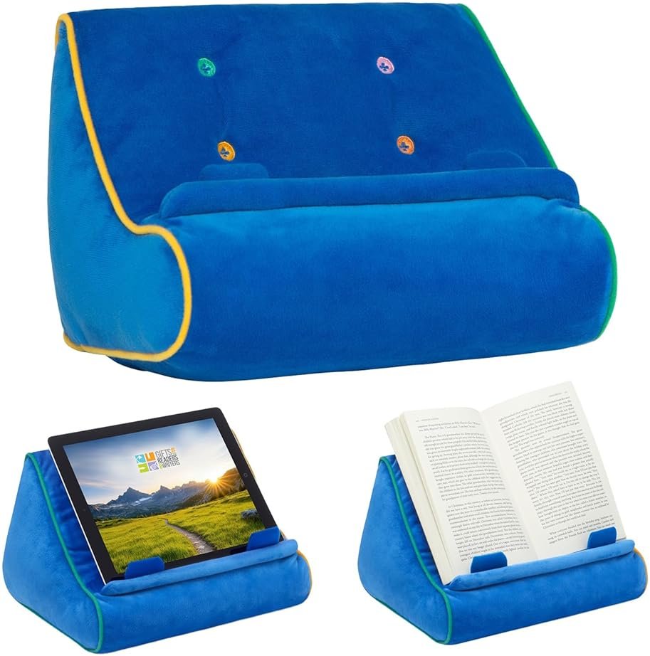 Gifts for Readers & Writers Tablet & Book Stand, Soft Reading Pillow, Book Holder with Pockets for Storage, Suitable for eReader/iPad/Kindle or Galaxy Devices, Book Couch Blue - Product Image