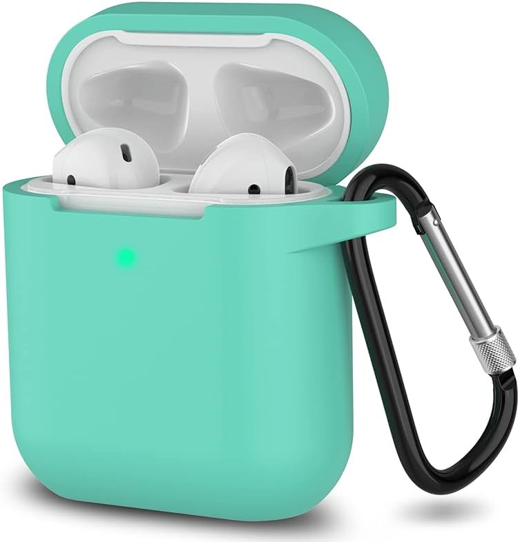 SATLITOG Case Cover with Secure Lock Keychain, Protective Silicone Cover Compatible with Apple AirPods 2nd & 1st Charging Case - Mint Green - Product Image