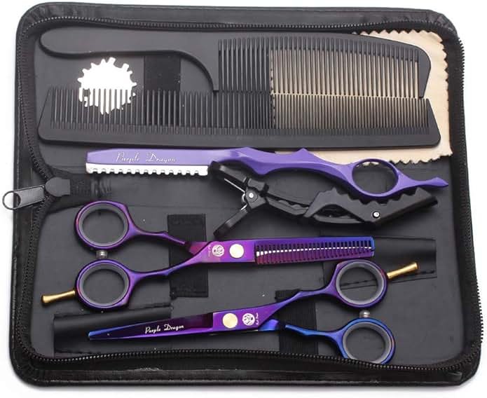 Purple Dragon 5.5 inch Hair Cutting Scissors Set with Razor, Leather Scissors Case, Barber Hair Cutting Shears Hair Thinning/Texturizing Shears for Professional Hairdresser or Home Use (Purple) - Product Image