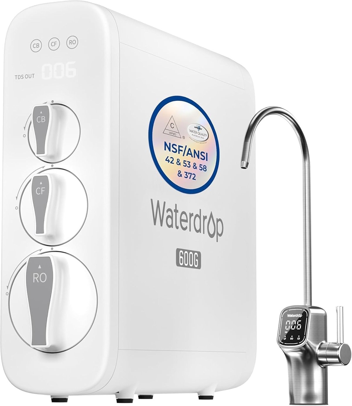 Waterdrop G3P600 Reverse Osmosis System, 8 Stage Tankless Reverse Osmosis Water Filter, NSF/ANSI 42 & 53 & 58 & 372 Certified, Under Sink RO System, 2:1 Pure to Drain, Smart LED Faucet - Product Image