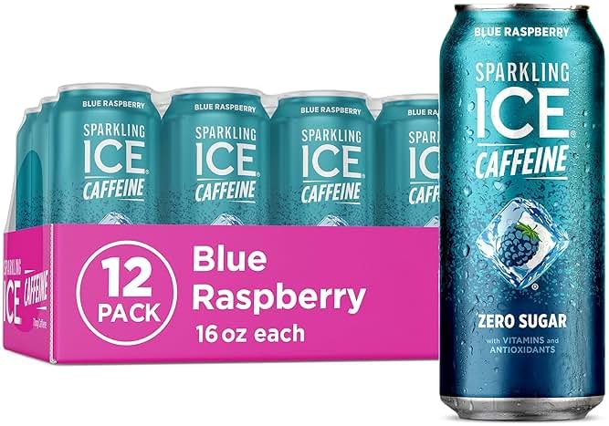 Sparkling Ice Caffeine Blue Raspberry Sparkling Water with Caffeine, Zero Sugar, with Antioxidants and Vitamins,16 fl oz Cans (Pack Of 12) - Product Image