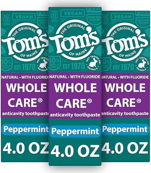 Tom's of Maine Whole Care Natural Toothpaste with Fluoride, Peppermint, 4 oz. 3-Pack (Packaging May Vary) - Product Image