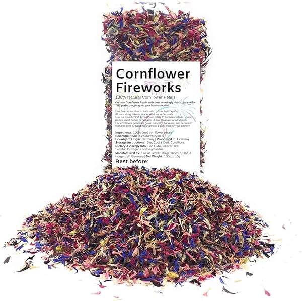 Edible Flower Sprinkles - Mesmerizing Cornflower Fireworks Petals - 100% Natural Centaurea Cyanus, Grown in Germany - Dried Colorful Cornflowers for Herbal Tea, Topping on Cupcakes, Desserts - Product Image