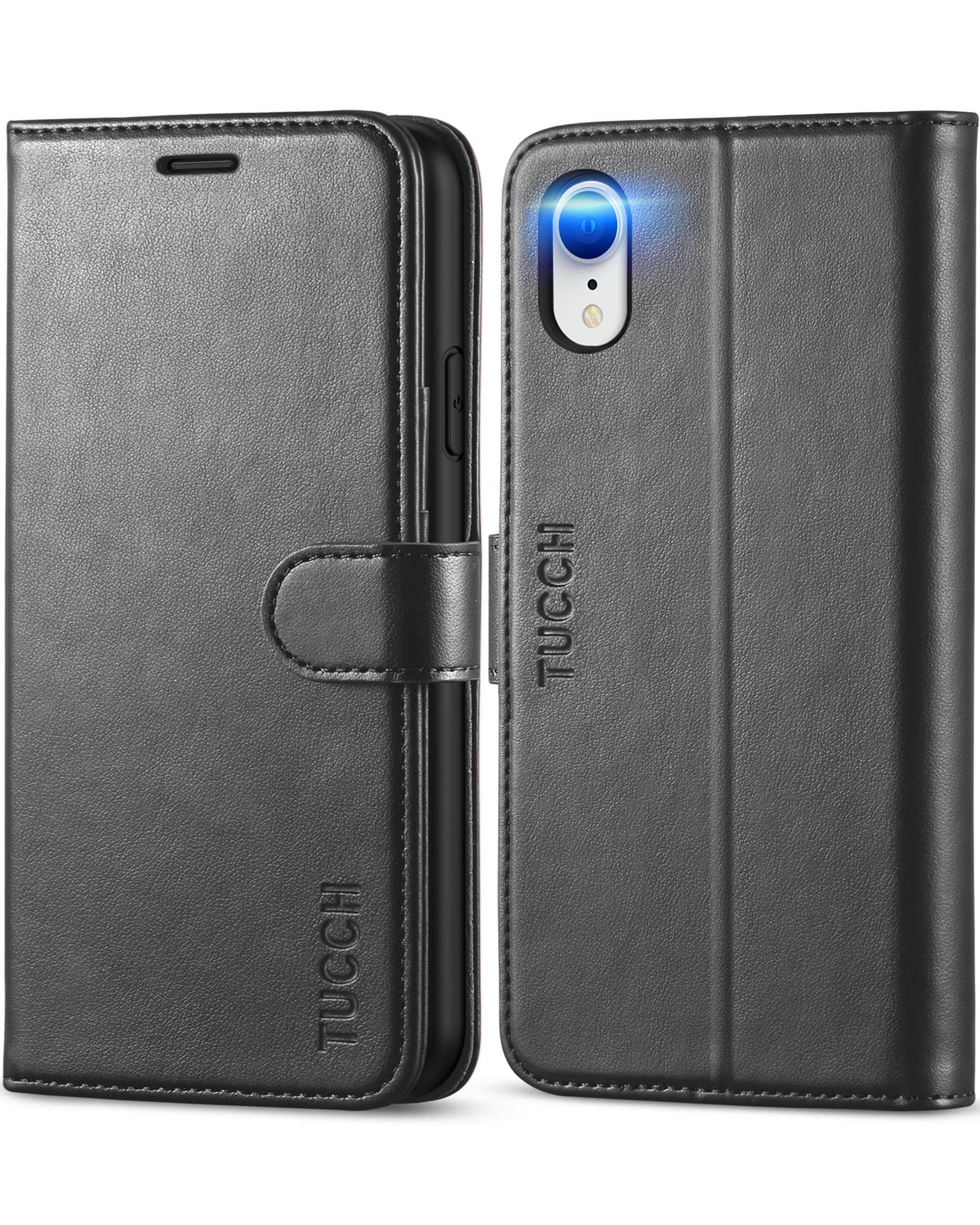 TUCCH Case Wallet for iPhone XR, Kickstand RFID Blocking Credit Card Slot PU Leather Folio Phone Cover with Wireless Charging [Shockproof TPU Shell] Compatible with iPhone XR 6.1, Black - Product Image