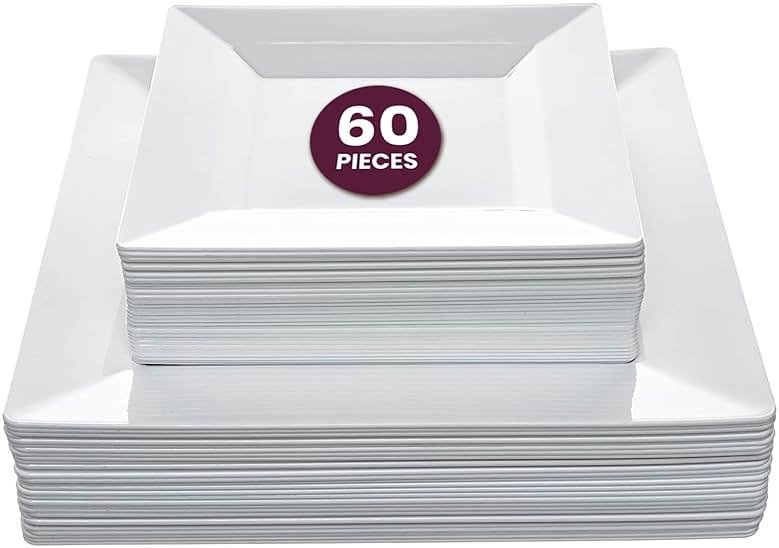 Aya's 60ct Square Plastic Disposable Plates, White - 9.5-Inch 30 Dinner and 6.5-Inch 30 Salad Plates for Party - Heavy-Duty Hard Plastic Design for Wedding, Event, Christmas, and Thanksgiving - Product Image