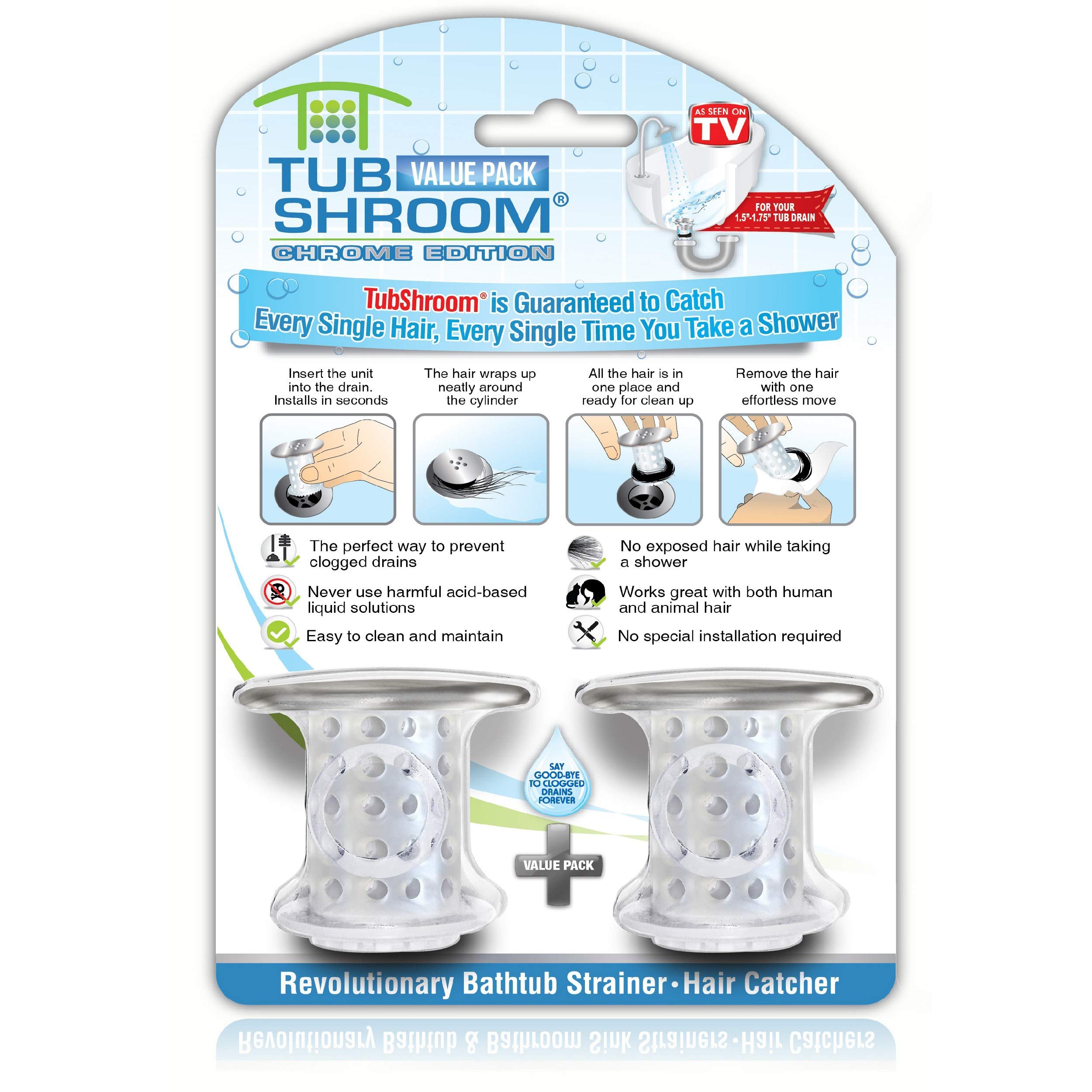 TubShroom Bathtub Drain Protector and Hair Catcher - 2 Pack, Chrome - Fits 1.5" - 1.75" Bathtub and Shower Drains - Product Image