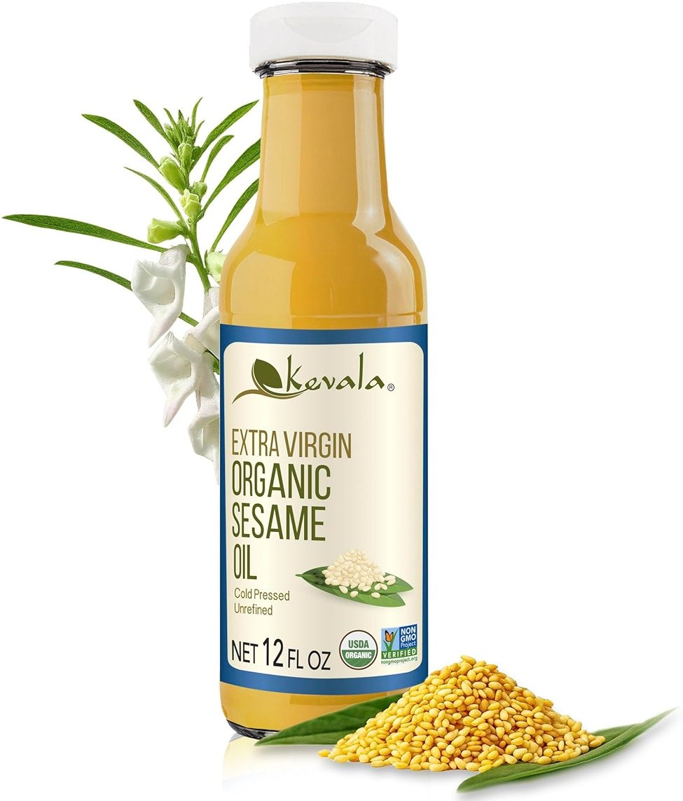 Kevala Organic Extra Virgin Sesame Oil – 12 oz, Good in Body Care and Hair Care, High Smoke Point Vegetable Oil for Cooking, Frying, and Baking, Made with Organic Sesame Seeds, Non-GMO and Kosher - Product Image