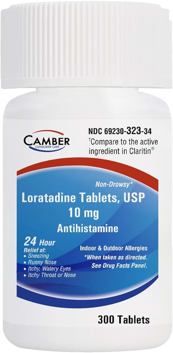 Camber Loratadine 10mg Allergy Pills, Antihistamine 24 Hour, Non Drowsy Allergy Relief (300 Tablets) - Product Image