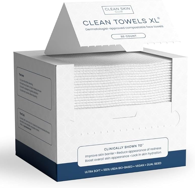 Clean Skin Club Clean Towels XL®, 100% USDA Biobased Face Towel, Disposable Face Towelette, Eczema Association Accepted, Makeup Remover Dry Wipes, Ultra Soft, 1 Pack, 50 Ct - Product Image