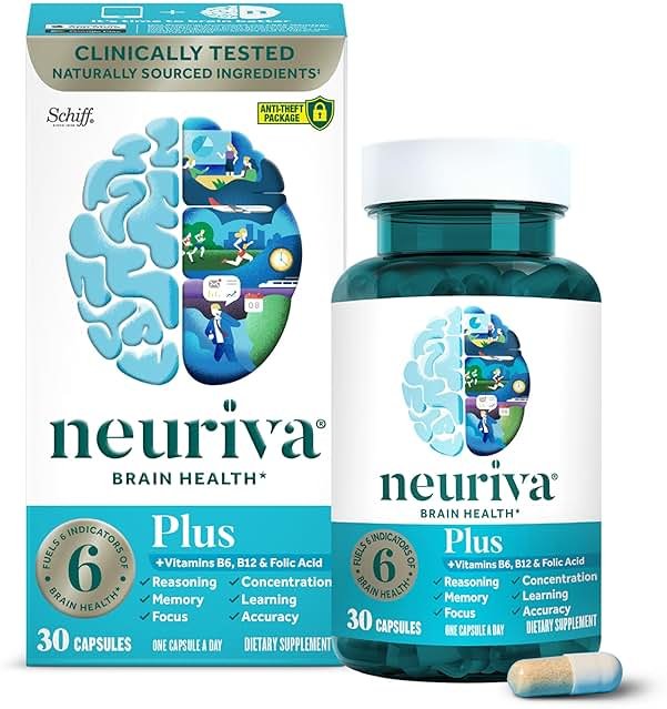 NEURIVA Plus Brain Supplement for Memory and Focus Clinically Tested Nootropics for Concentration for Mental Clarity, Cognitive Enhancement Vitamins B6, B12, Phosphatidylserine 30 Capsules - Product Image