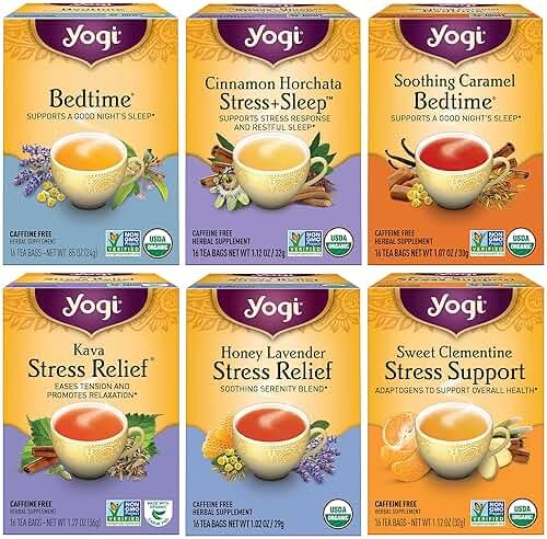 Yogi Tea Stress Relief & Herbal Tea Variety Pack - 16 Bags per Pack (6 Packs) - Organic Herbal Sampler - Includes Bedtime, Kava Stress Relief, Soothing Caramel Bedtime & More - Product Image