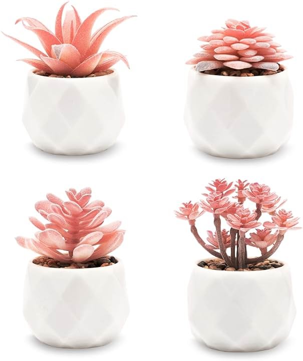 VIVERIE Mini Faux Succulents Plants Artificial in Pots-Rose Pink Desk Accessories, Small Fake Succulents Plants for Home Decor Indoor for Women, White Ceramic, Set of 4 - Product Image