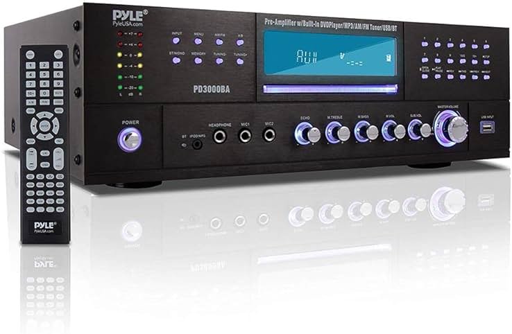 Pyle 4 Channel Bluetooth Home Amplifier - Front Loading DVD/CD Player - 3000W Peak Stereo Receiver - 2 Mic Inputs w/ Echo, FM Radio,Optical In,USB,RCA,Composite, LED Level Meter, Rack Mount - PD3000BA - Product Image