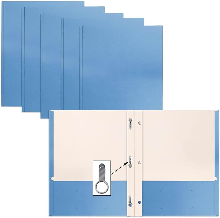 Better Office Products Light Blue Paper 2 Pocket Folders with Prongs, 50 Pack, Matte Texture, Letter Size Paper Folders, 50 Pack, with 3 Metal Prong Fastener Clips, Light Blue - Product Image