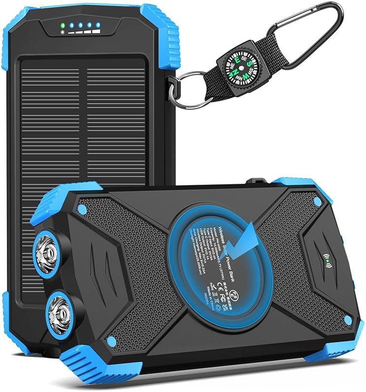 BLAVOR Solar Power Bank 10,000mAh, Portable Wireless Charger, 20W Fast Charging External Battery Pack with USB C for Cell Phones, Solar Panel Charging with Dual Flashlight for Camping - Product Image