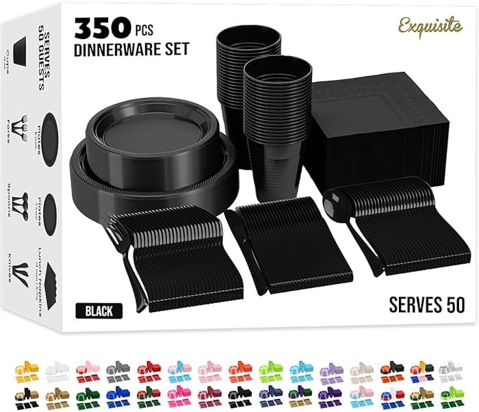 350 Pcs Black Plastic Plates For Party, Black Disposable Plates Set, 50 Of Each 9" Dinner Plate Set, 7" Dessert Plate, Cups, Napkins & Cutlery Plastic Dinnerware Exquisite - Product Image