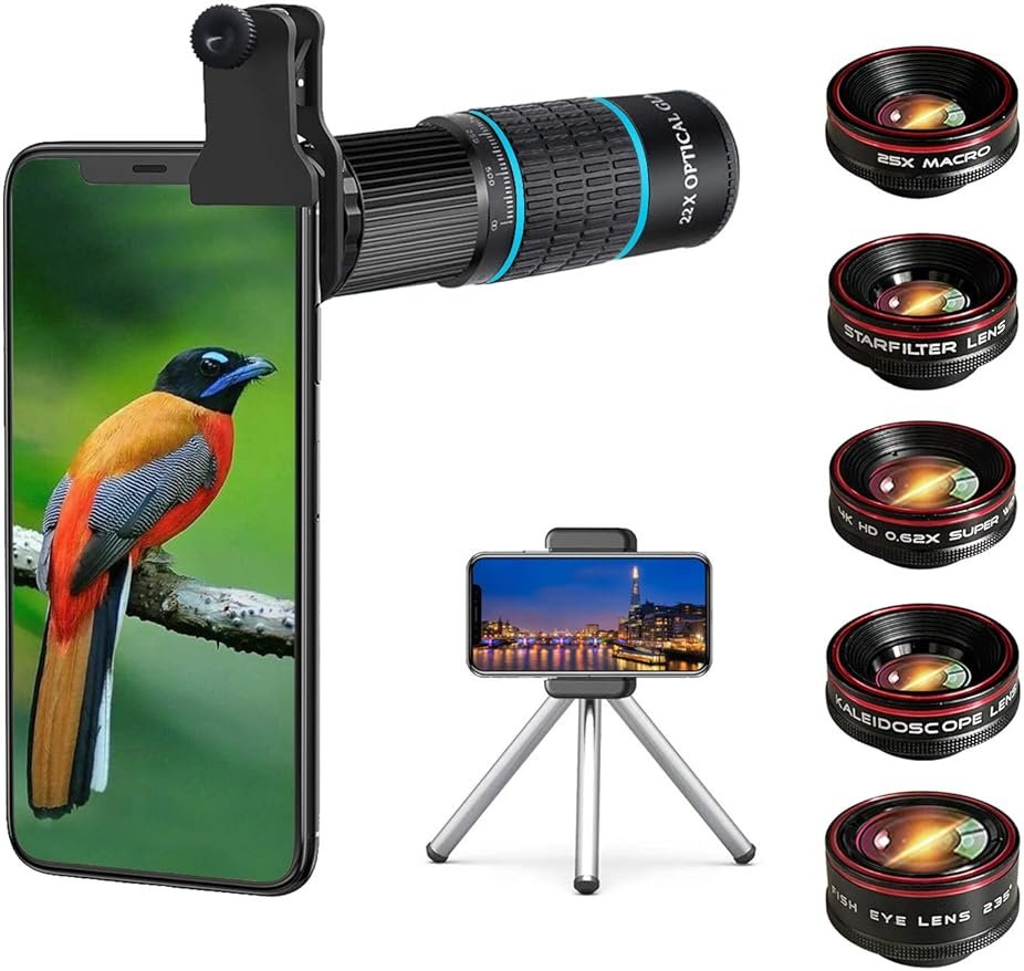 Phone Camera Lens Kit 10 in 1 for iPhone Samsung Pixel Android, 22X Telephoto Lens, 0.62X Super Wide Angle Lens&25X Macro Lens, 235° Fisheye,Kaleidoscopes, Starlight，Tripod，for Most Smartphone Black - Product Image
