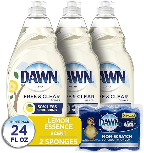 Dawn Free & Clear Dishwashing Liquid Dish Soap (3x24 oz) + Dawn Non-Scratch Scrubber Sponge (2 Count), Lemon Essence - Product Image