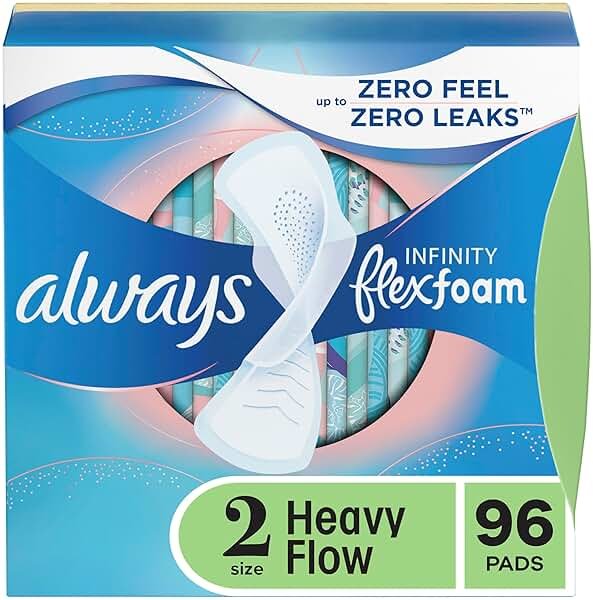 Always Infinity Feminine Pads for Women, Flexfoam Pads with Wings, Size 2, Heavy Absorbency, Unscented, 96 Count (3 Packs of 32) - Product Image