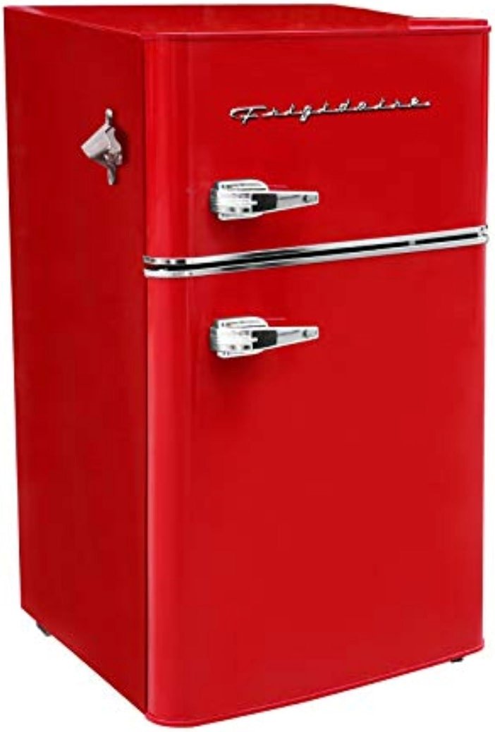 Frigidaire Retro Compact Fridge Freezer Combo, 3.1 cu. ft. Capacity, Small Top Freezer Refrigerator, Mini Fridge with Built-in Bottle Opener – 19”"D x 20.5" W x 33.5" H (Red) - Product Image