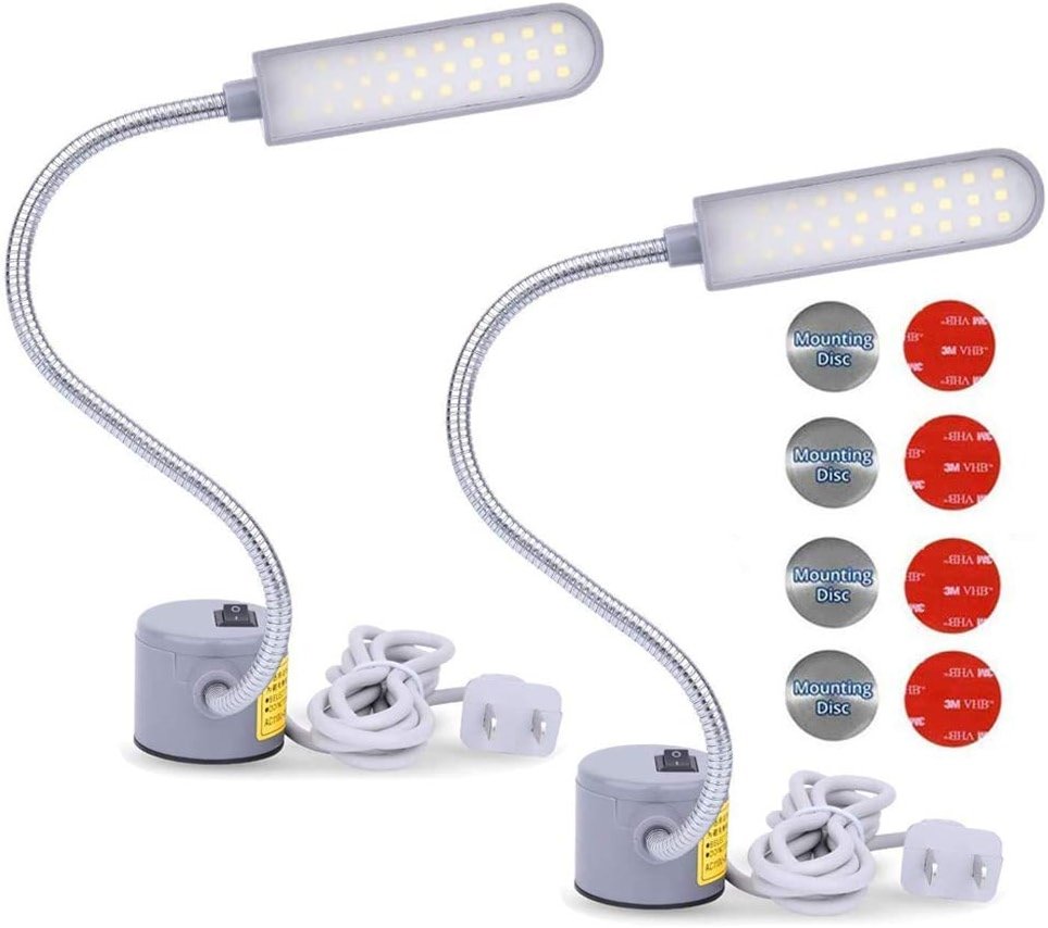 EVISWIY Sewing Machine Light LED Lighting (30LEDs) 6 Watt Multifunctional Flexible Gooseneck Arm Work Lamp with Magnetic Mounting Base for Workbench Lathe Drill Press 2 Pack Silver - Product Image