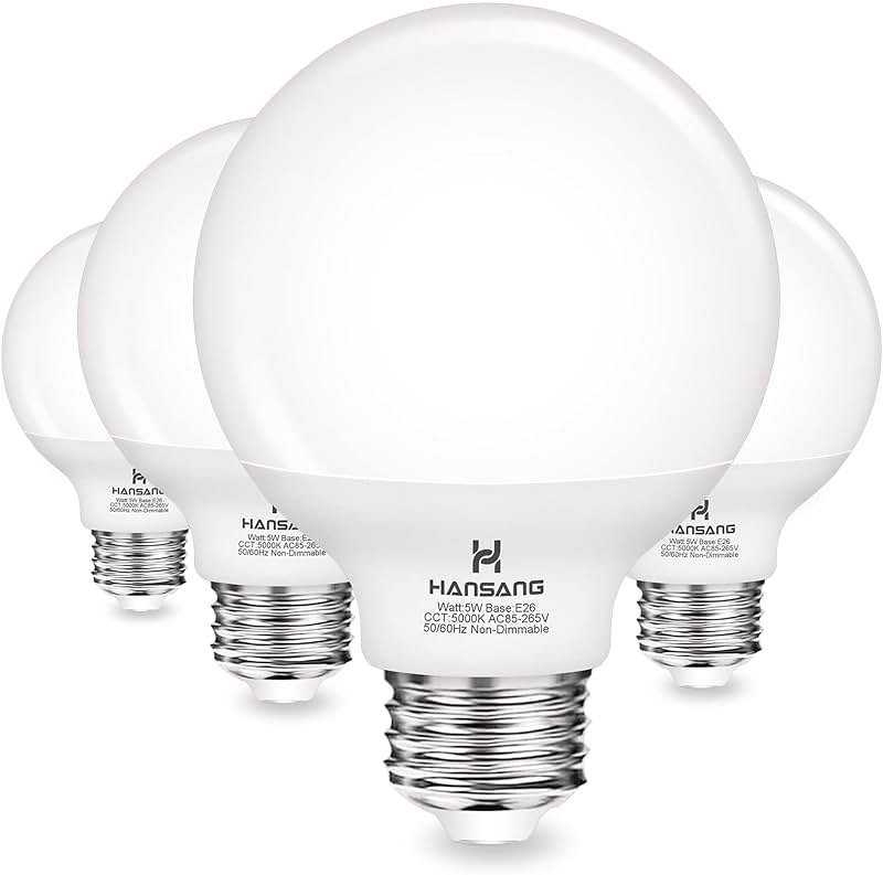 hansang G25 LED Globe Light Bulbs, 60W Equivalent, 5000K Daylight Bathroom, E26 Base, Eye-Friendly Vanity Round, Perfect for Vanity Makeup Mirror, 120V CRI85+ Non-Dimmable 4Pack - Product Image