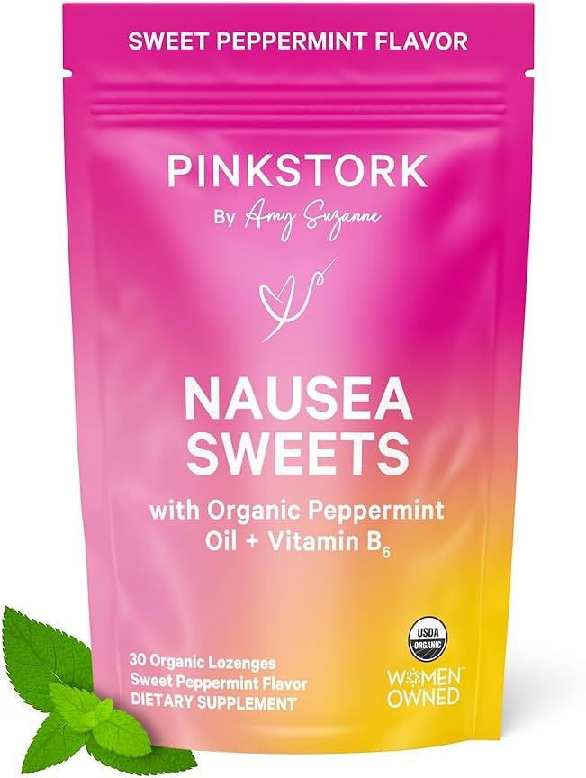 Pink Stork Organic Peppermint Sweets for Morning Sickness and Motion Sickness Support, Added Vitamin B6, 1st Trimester Pregnancy Must Haves - 30 Wrapped Peppermint Candies - Product Image