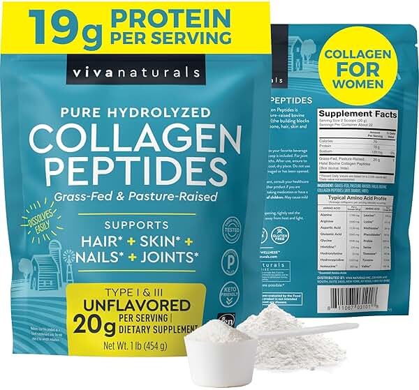 Viva Naturals Collagen Peptides Powder - Grass-Fed Hydrolyzed Bovine, Type I & III - 19 g Protein, Unflavored, Easy Dissolving - Joint, Skin, Hair & Nail Support - Paleo, Keto, Non-GMO - 1lb - Product Image