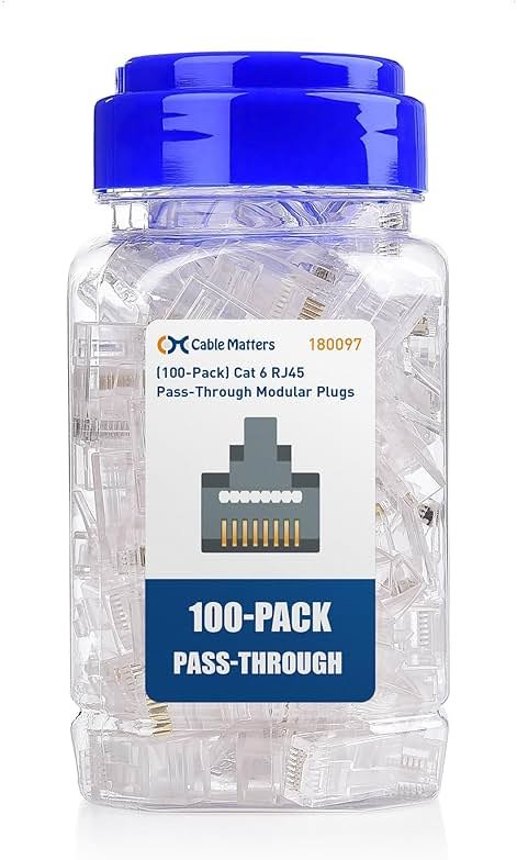 Cable Matters 100-Pack Cat 6 Pass Through RJ45 Connectors, 50µ Gold Plated (Cat 6 Ends / Cat6 Connector /RJ45 Modular Plugs/Ethernet Plugs/Network Connector) for Solid or Stranded UTP Ethernet Cable - Product Image
