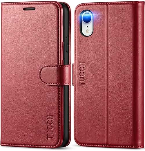 TUCCH Case Wallet for iPhone XR, Kickstand RFID Blocking Credit Card Slot PU Leather Folio Phone Cover with Wireless Charging [Shockproof TPU Shell] Compatible with iPhone XR 6.1, Dark Red - Product Image