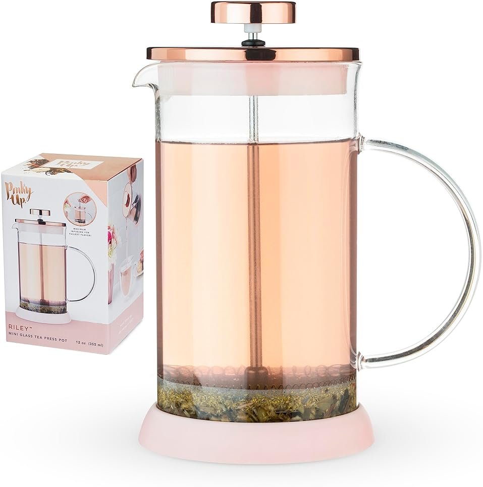 Pinky Up Riley Mini Glass Tea Press Pot, Coffee Maker, French Press for Loose Leaf Tea and Coffee, Hot or Iced Beverage Brewer, 12 oz, Pink - Product Image