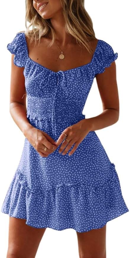 YOBECHO Womens Summer Ruffle Sleeve Sweetheart Neckline Printing Dress Mini Dresses - Product Image