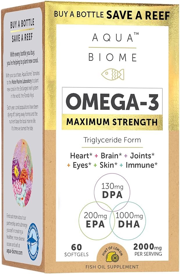 Aqua Biome by Enzymedica, Fish Oil Maximum Strength, Complete Omega 3 Supplement, DHA, EPA, DPA, Gluten Free & Non-GMO, 60 softgels (30 servings) - Product Image