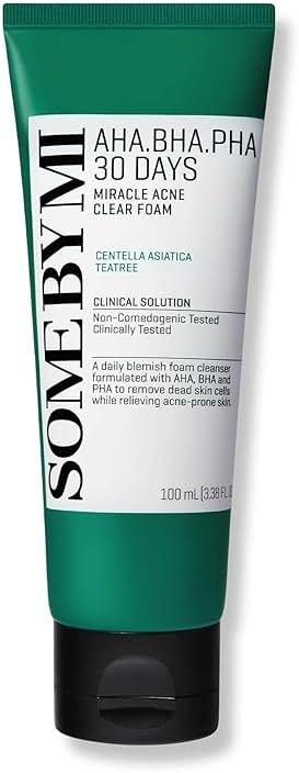 SOME BY MI AHA BHA PHA 30 Days Miracle Acne Clear Foam – 3.38oz, 100ml – Korean Acne Face Wash for Smooth & Clear Skin – Salicylic Acid Cleanser for Exfoliation & Sebum Control – Korean Skin Care - Product Image